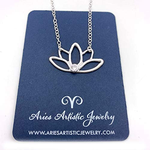 Hand Drawn Pure Silver Lotus Flower Necklace with Gemstone Accent