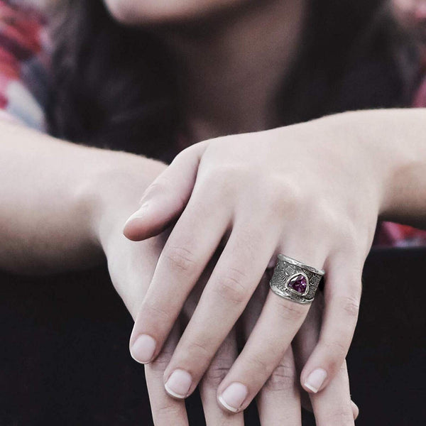 Sterling Silver Wide Band Ring with Gemstone Accent