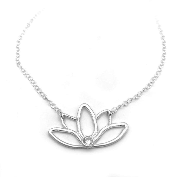 Hand Drawn Pure Silver Lotus Flower Necklace with Gemstone Accent