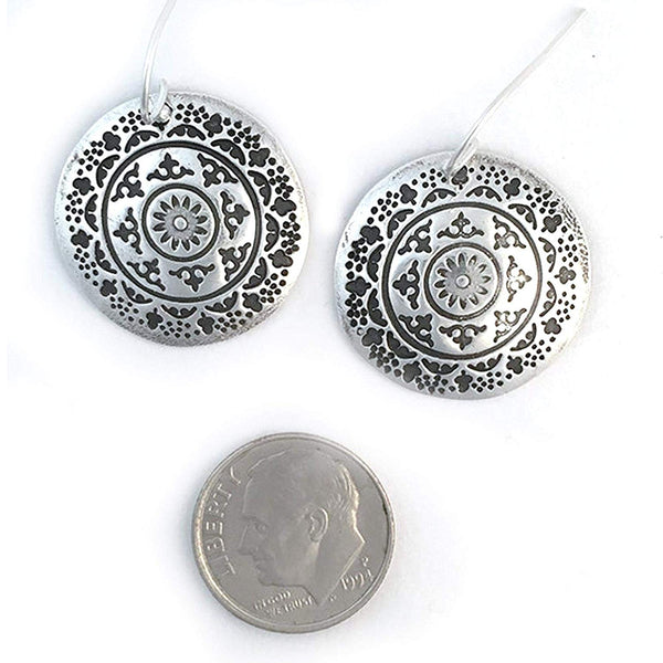 Large Round Silver Mandala Earrings