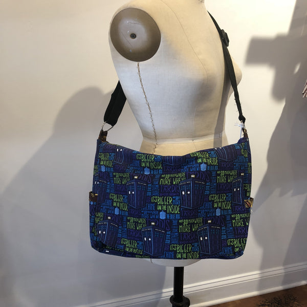 Cross-body Messenger Bag, fully reversible with a total of 12 pockets and adjustable strap.  Pop-culture, Star Wars, Star Trek, Walking Dead, Wonder Woman, Vintage Steampunk pattern