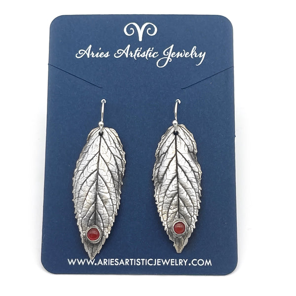 Pure Silver Mint Leaf Earrings w/Carnelian Gemstones