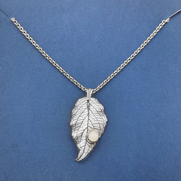 Real Hydrangea Silver Leaf Necklace with Moonstone Accent