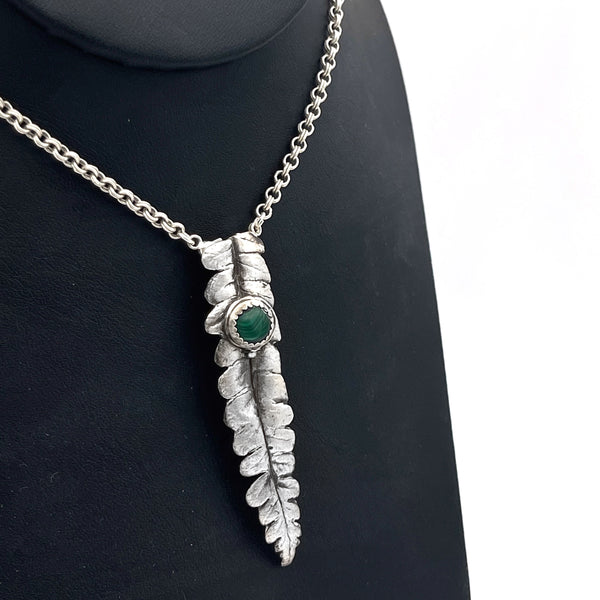 Silver Fern Leaf Necklace with Malachite Gemstone