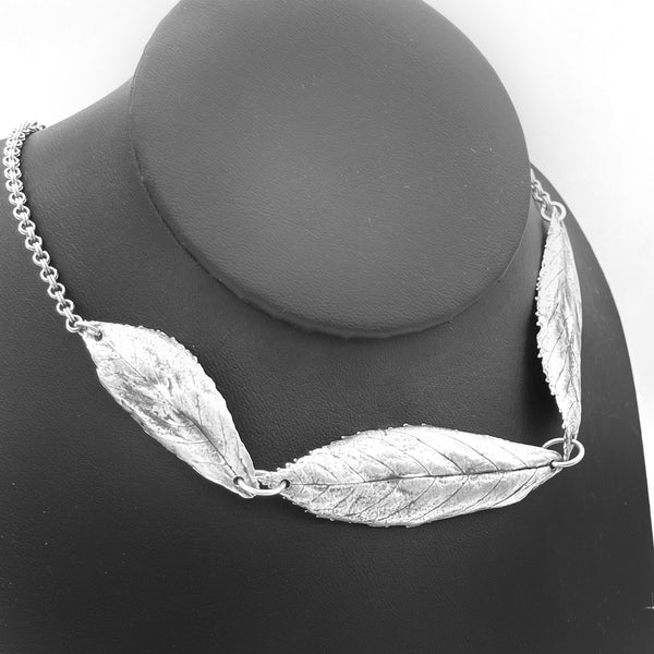 Three Horizontal Leaf Pure Silver Necklace