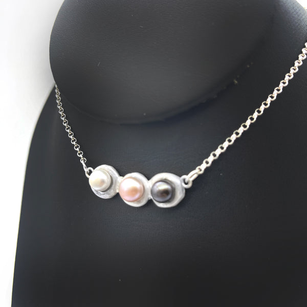 Horizontal Stepping Stone Necklace with 3 Freshwater Pearls