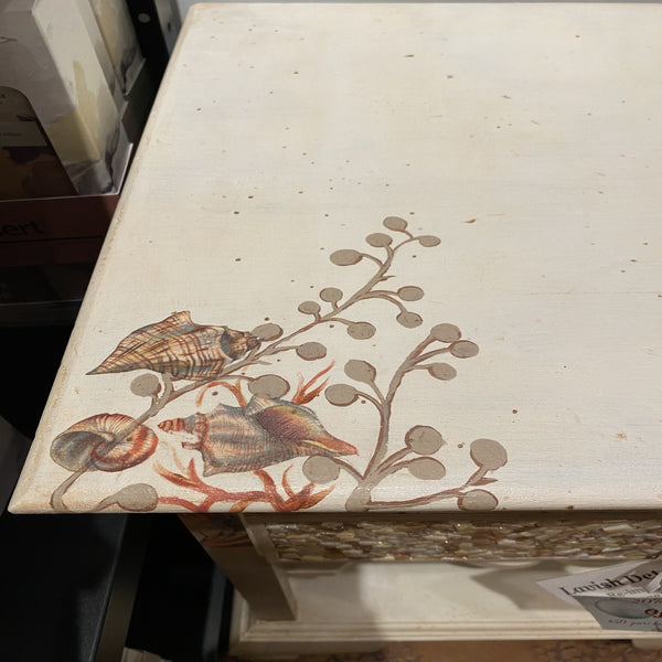 decoupage beach themed table with drawer and shelves