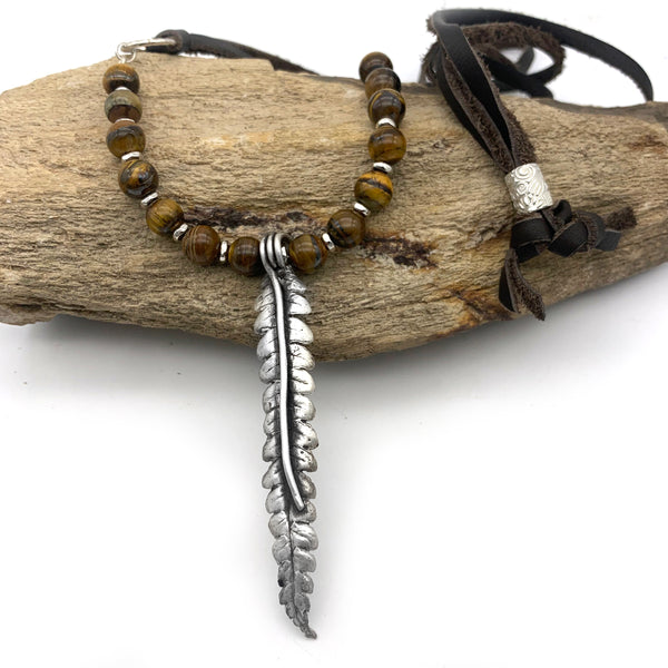 Large Fine Silver Fern Leaf Necklace with Tiger Eye Gemstones
