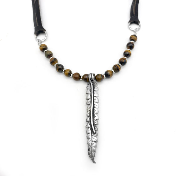 Large Fine Silver Fern Leaf Necklace with Tiger Eye Gemstones