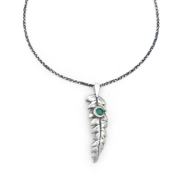 Fine Silver Fern Leaf Necklace with Emerald Accent
