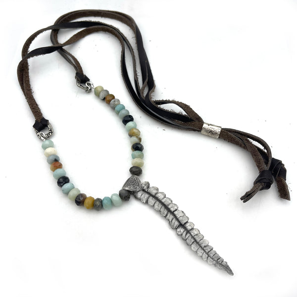Fine Silver Fern Leaf Necklace with Amazonite Bead ad Leather Chain