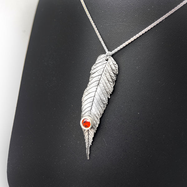 Pure Silver Spirea Leaf Necklace with Hessonite Garnet Gemstone