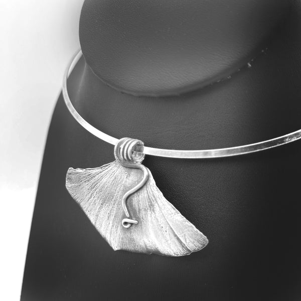 Pure Silver Ginkgo Leaf Necklace on Sterling Silver Collar