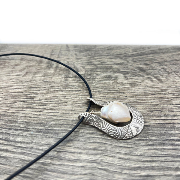 Sterling Silver Horseshoe Necklace with Baroque Pearl Accen