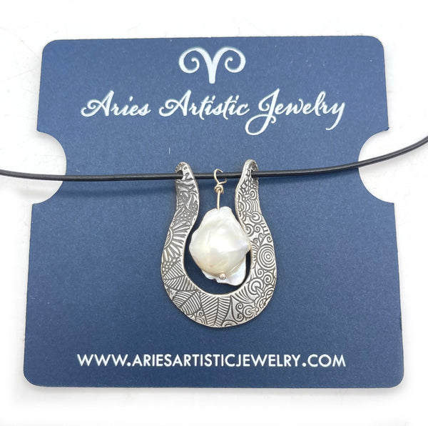 Sterling Silver Horseshoe Necklace with Baroque Pearl Accen