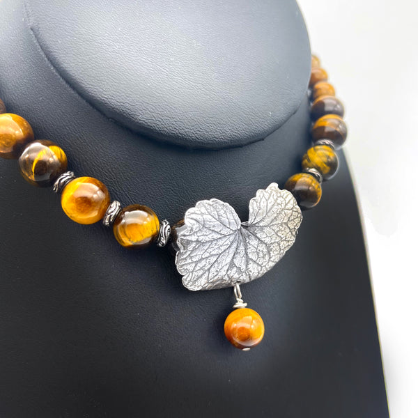 Pure Silver Geranium Leaf Necklace with Tiger Eye Chain
