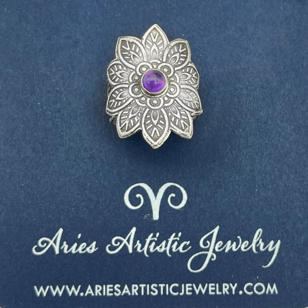 Sterling Silver Flower Ring with Amethyst Accent