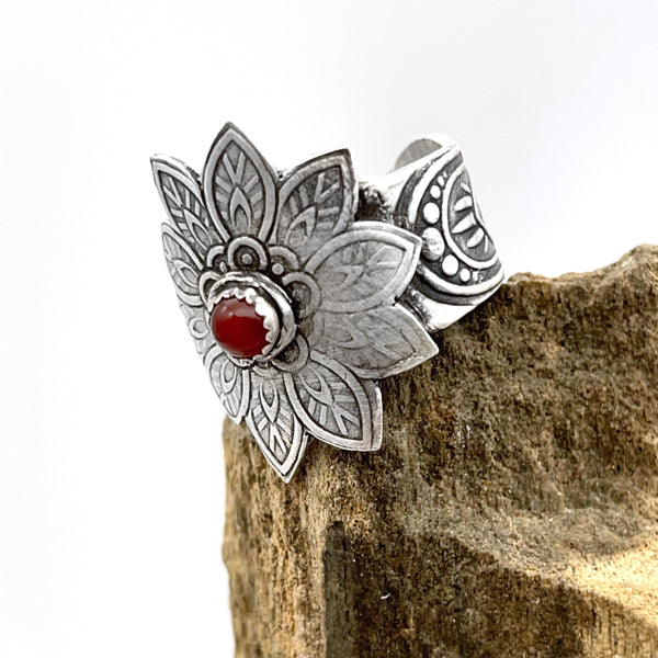 Sterling Silver Small Flower Ring with Red Onyx Accent