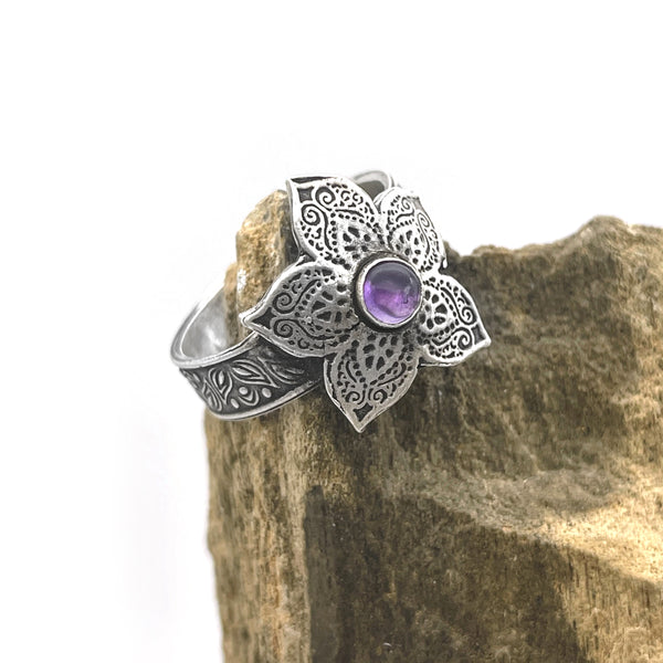 Sterling Silver Small Flower Ring with Amethyst Accent