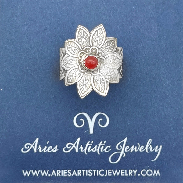 Sterling Silver Small Flower Ring with Red Onyx Accent