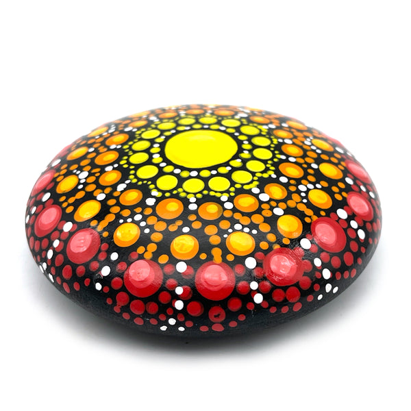 Mandala Stone Painted Spiritual Rock in Oranges, Yellows & Reds