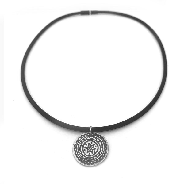 Round Mandala Necklace on Rubber Cord Spiritual Jewelry