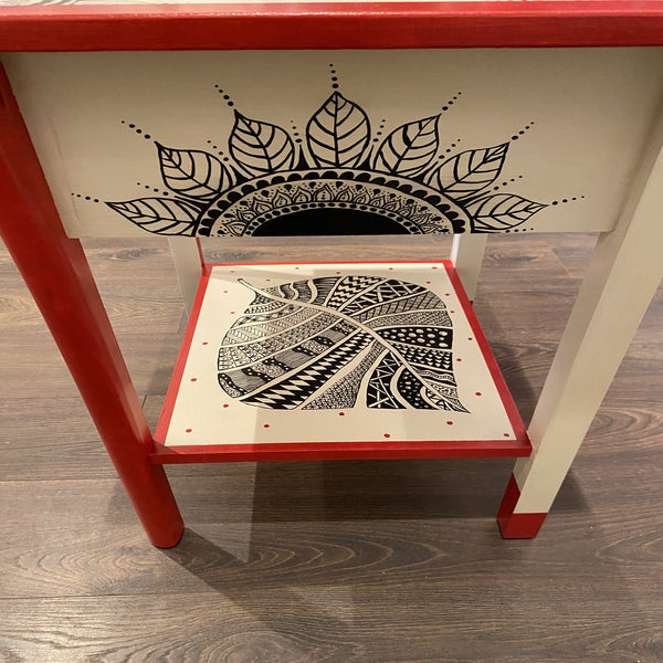 red and white mandala side table makeover by local Central Jersey artist Esther from E. Designs