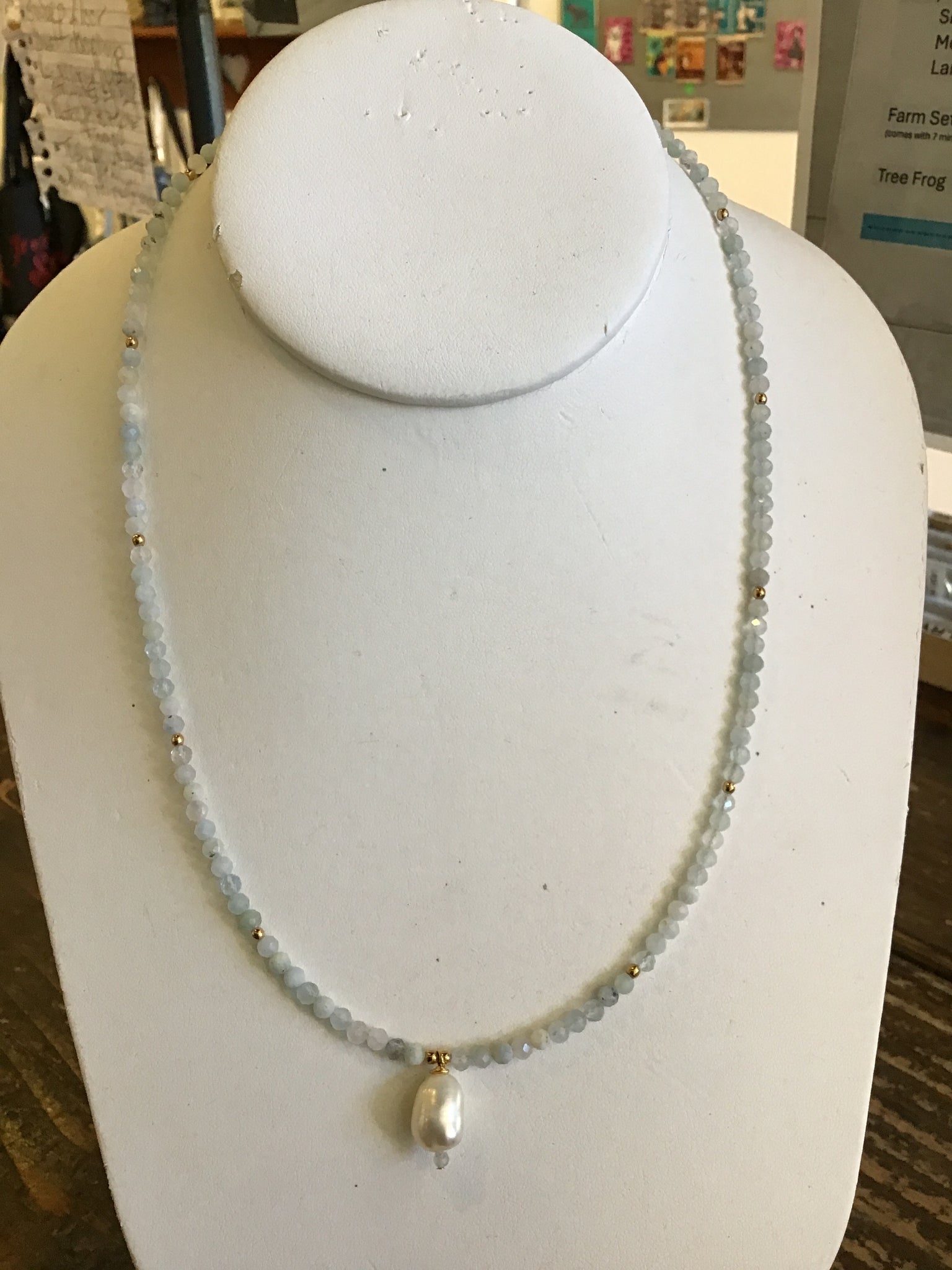 Aquamarine hematite fresh water pearl gold necklace