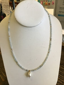 Aquamarine hematite fresh water pearl gold necklace