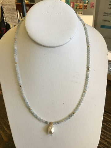 Aquamarine hematite fresh water pearl gold necklace