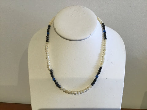 Mother of pearl, hematite blue agate necklace