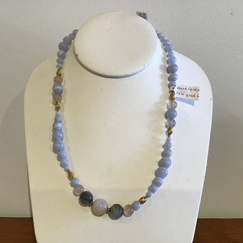 Blue grey agate gold necklace