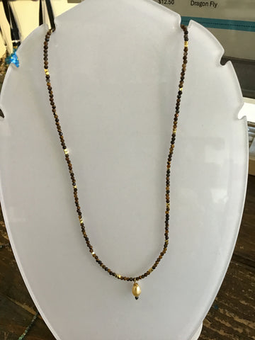 Tigers eye fresh water pearl gold necklace