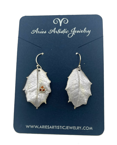 Pure Silver Holly Leaf Earrings with Garnet Gemstone Accents