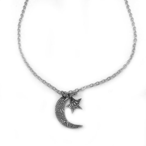 Sterling Silver Large Moon and Star Necklace