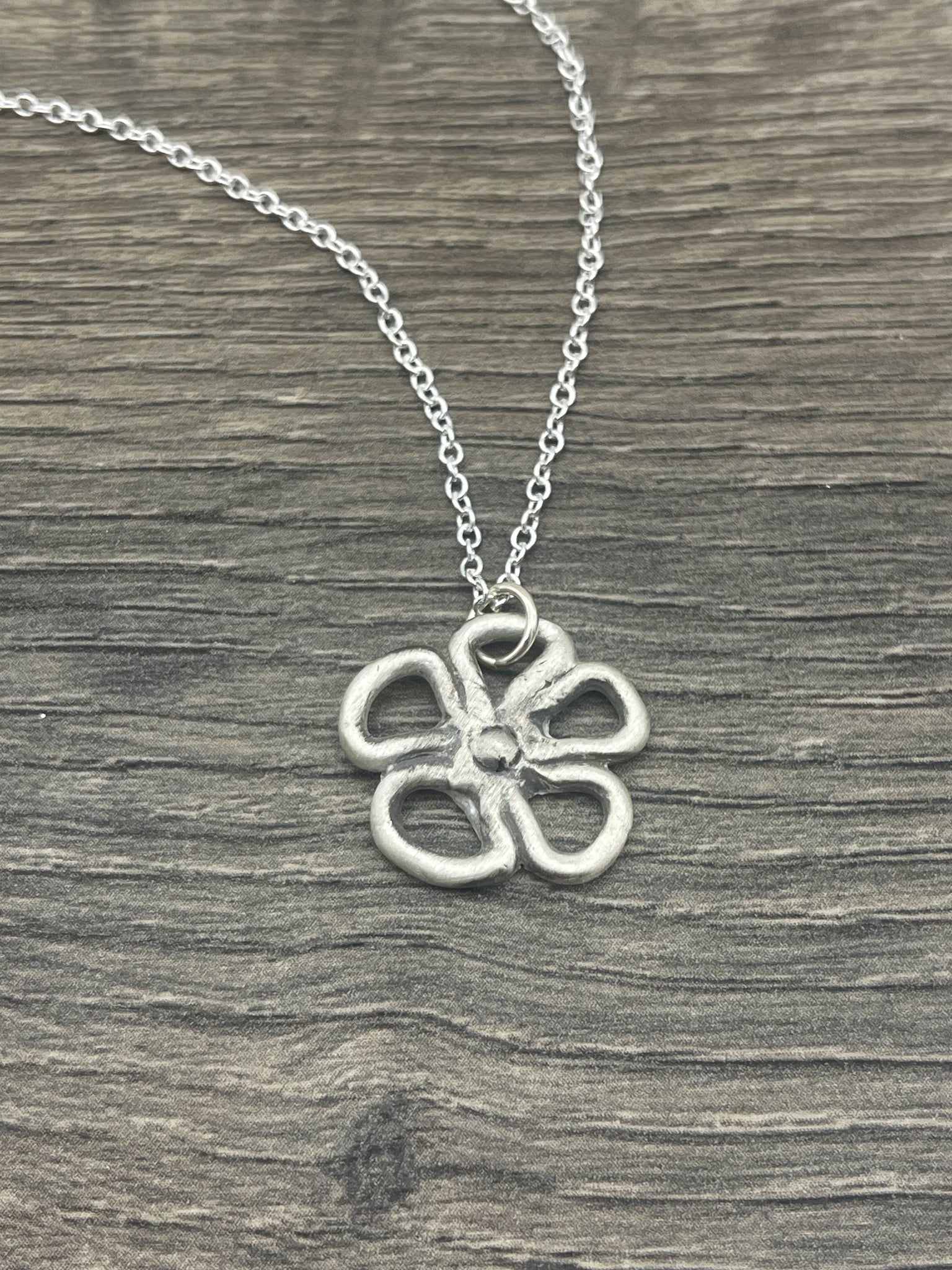 Tiny Pure Silver Hand Drawn Flower Necklace