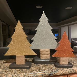 Wood counter Christmas trees in gold, silver and copper.  Custom orders available