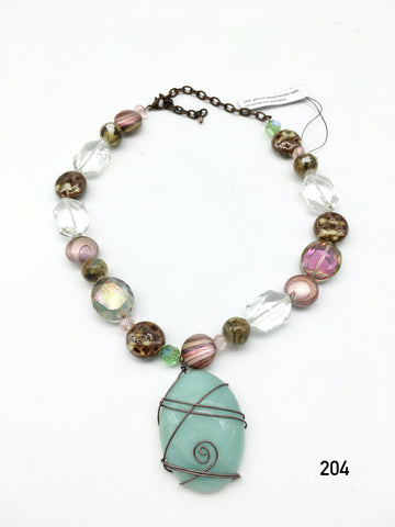 Glass/crystal beads with chrysoprase pendant by Dorothea Drew Designs of Central NJ