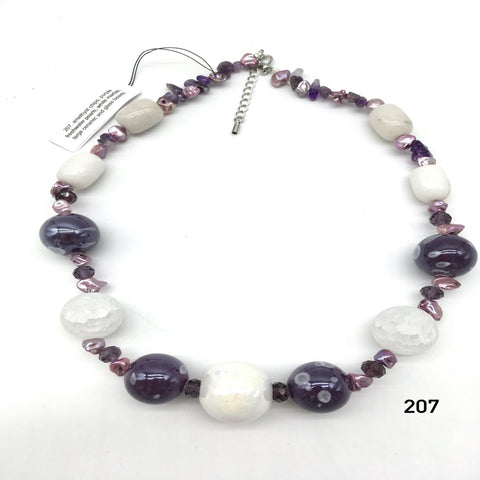 Amethyst chips, purple freshwater pearls, white marble, large ceramic and glass beads necklace created by Dorothea Drew of central NJ