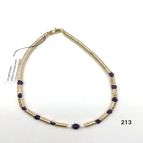 Gold-plated hematite, amethyst, freshwater pearls created by Dorothea Drew Design from central NJ
