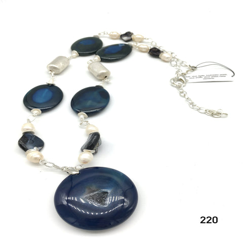 Blue agate, freshwater pearls, blue shells, silver plated metal elements necklace created by Dorothea Drew Design of central NJ
