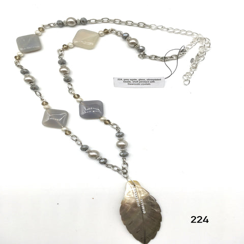 Grey agate, glass, silverplated beads, shell pendant with Swarovski crystals necklace created by Dorothea Drew Design from central NJ