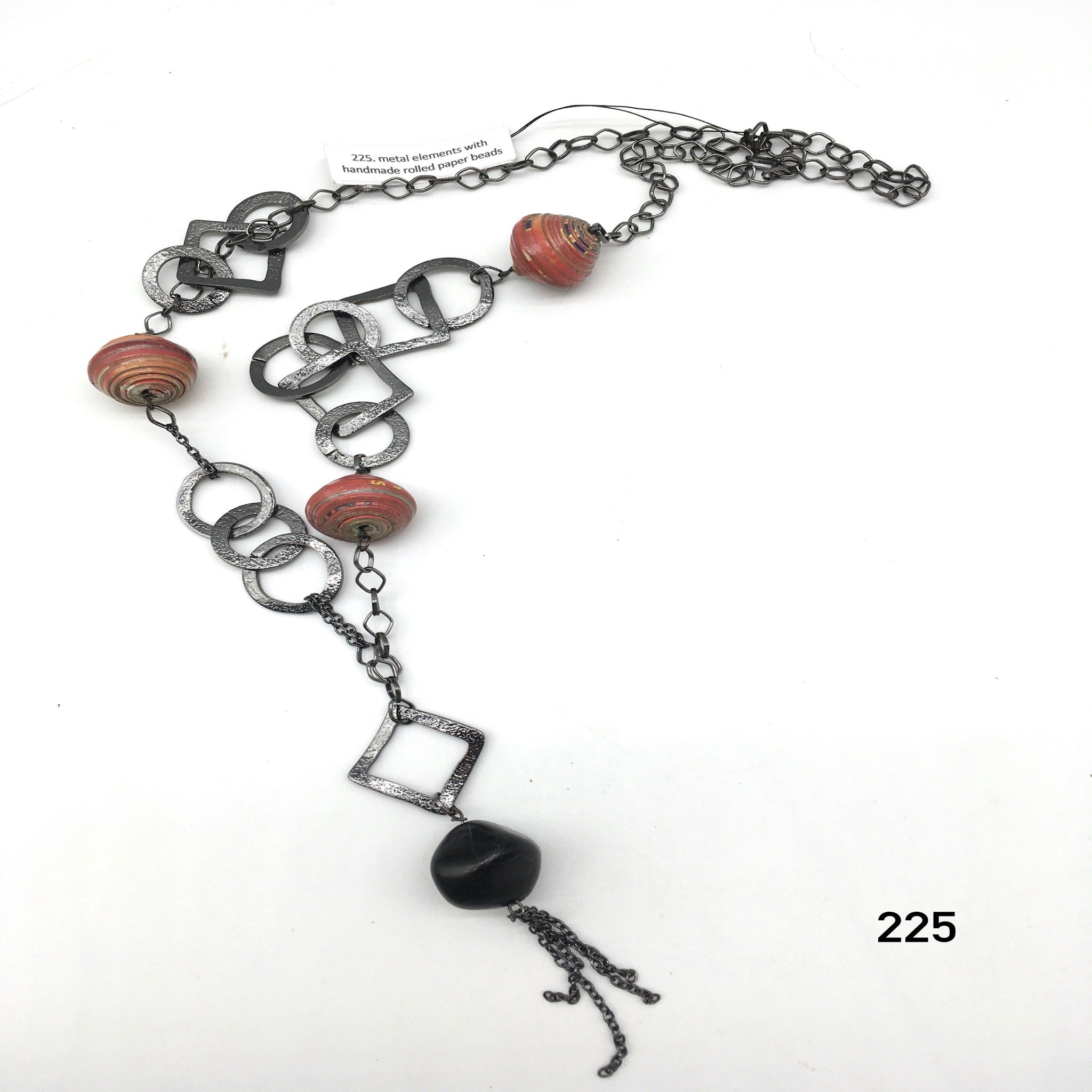 Metal elements with handmade rolled paper beads necklace created by central NJ artist Dorothea Drew Design