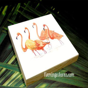 Flamingos with watercolor on 5x5 wood by Flamingo Shores