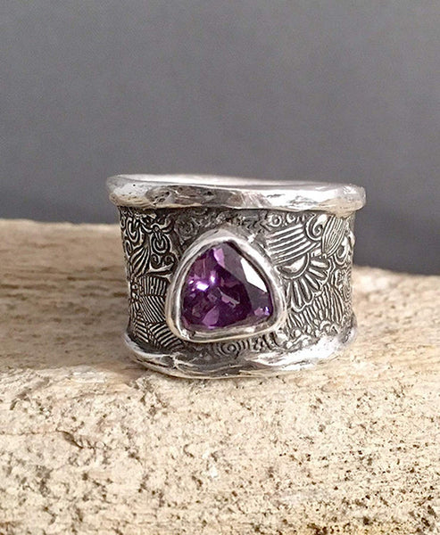 Sterling Silver Wide Band Ring with Gemstone Accent