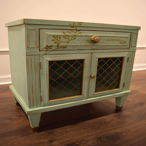 Hand painted side or night table in pale green recreated by Lavish Details of NJ