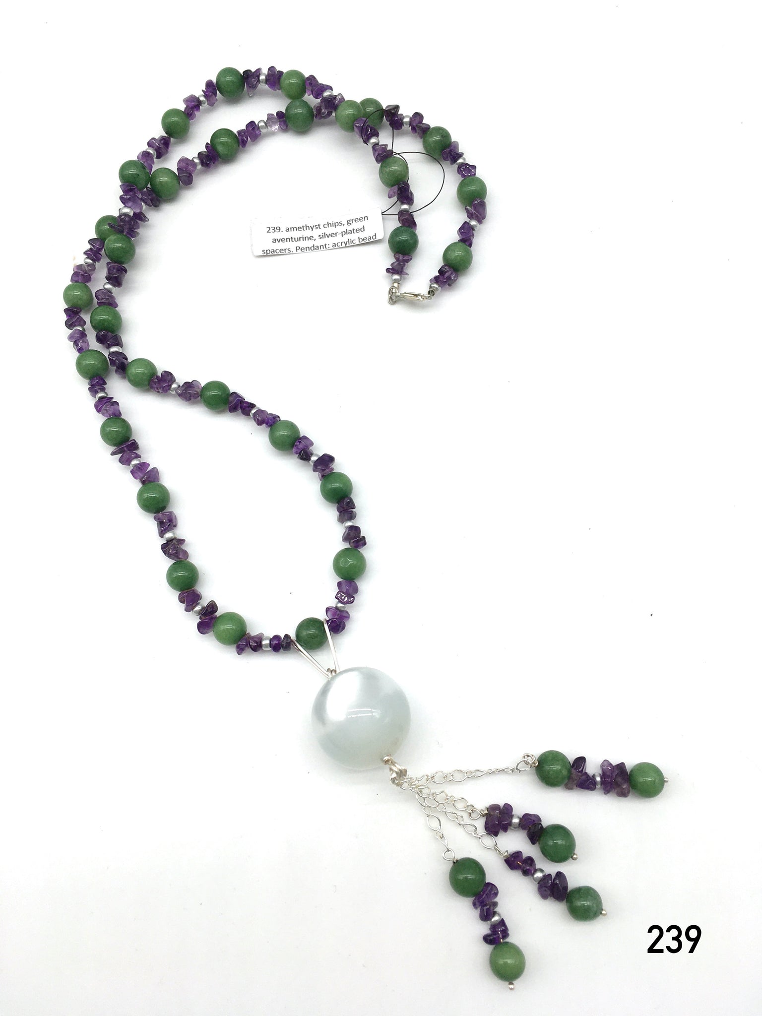Amethyst chips, green aventurine, silver-plated spacers. Pendant acrylic bead 