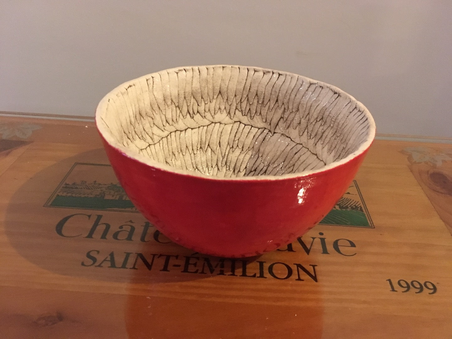 Feather Red Pottery Bowl - Red Bank Artisan Collective jewelry art vintage recycled Pottery, Spondylus Clay
