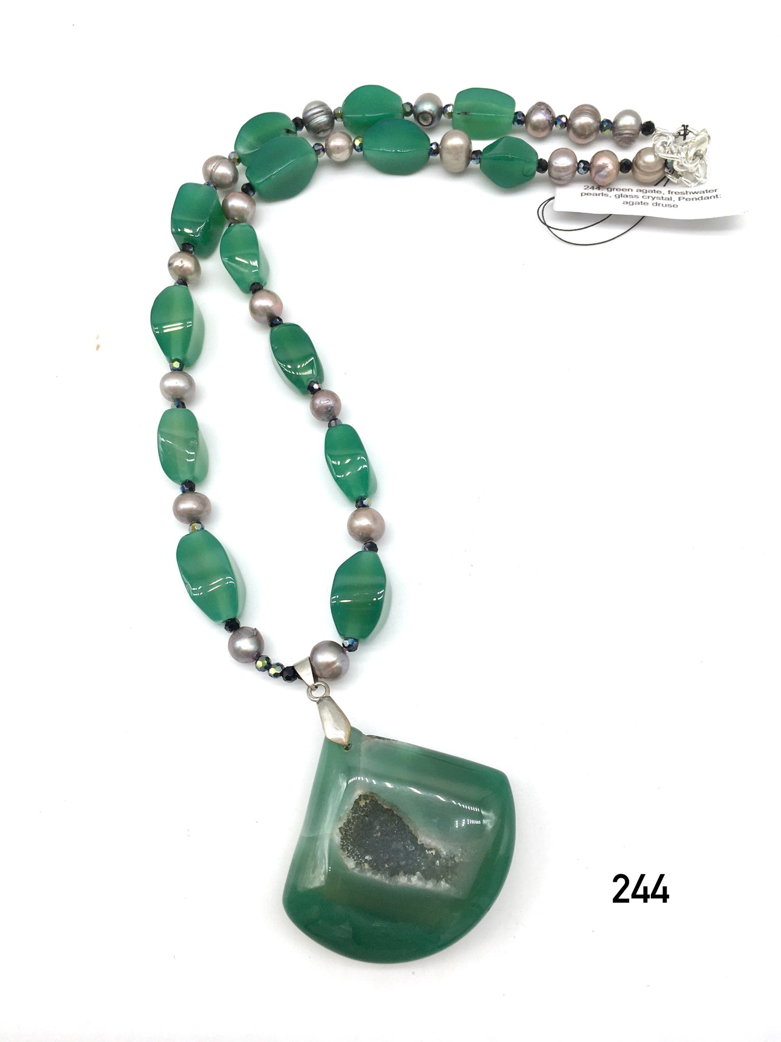 Green agate, freshwater pearls, glass crystal, Pendant agate druse