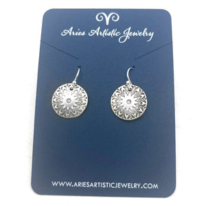 Small Round Silver Mandala Earrings